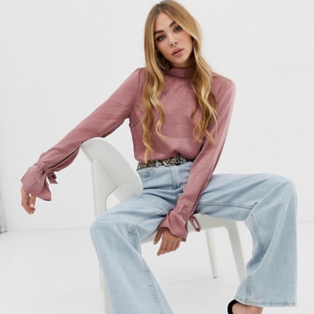 PrettyLittleThing high neck satin open back blouse